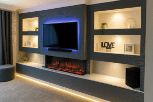 Modern built-in media wall with LED lighting and electric fireplace