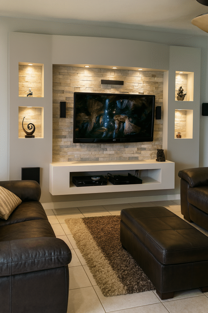 Modern media wall with stacked stone feature, built-in recessed shelves with LED lighting, floating white TV unit, and mounted flat-screen television in a contemporary living room.
